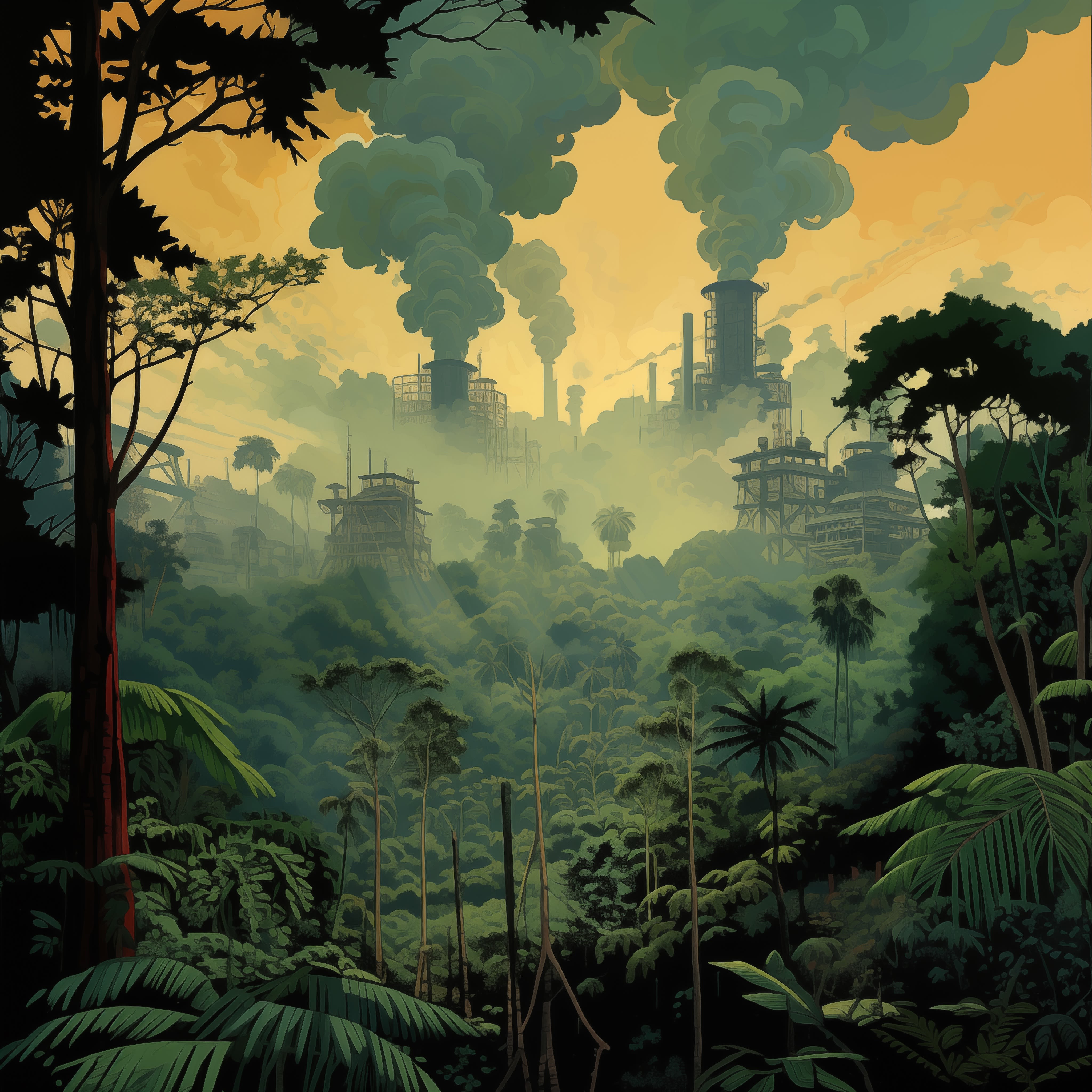 Lush tropical forest surrounded by the fumes of industrial activities and carbon emissions